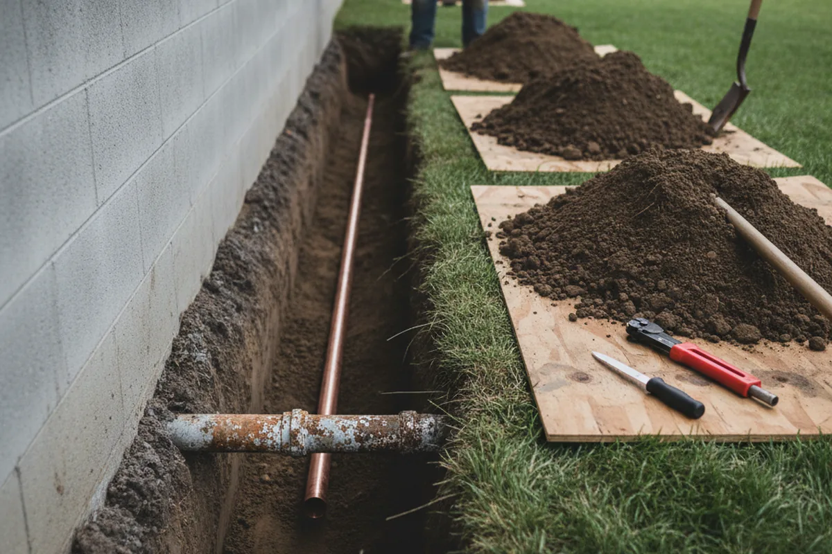 Excavated water line trench during Water Softener Installation in Mebane